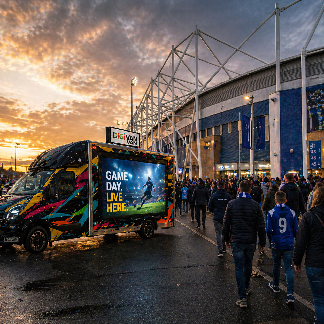 The DigiVan mobile LED screen at a sporting event or fan zone