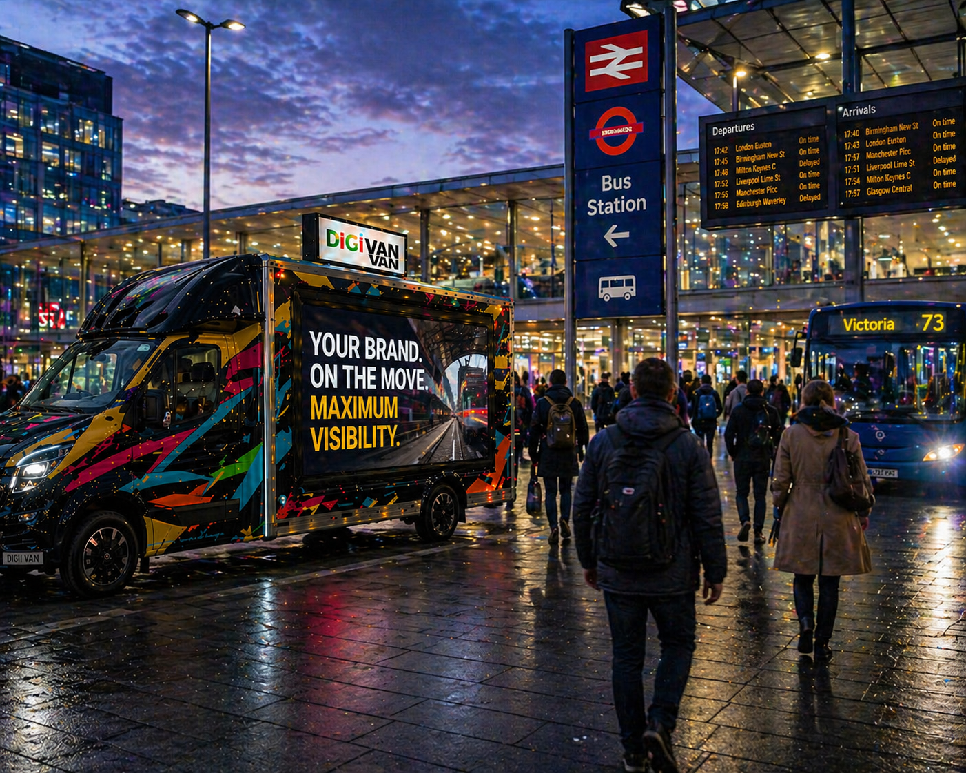 The DigiVan mobile LED screen at a bus or train station